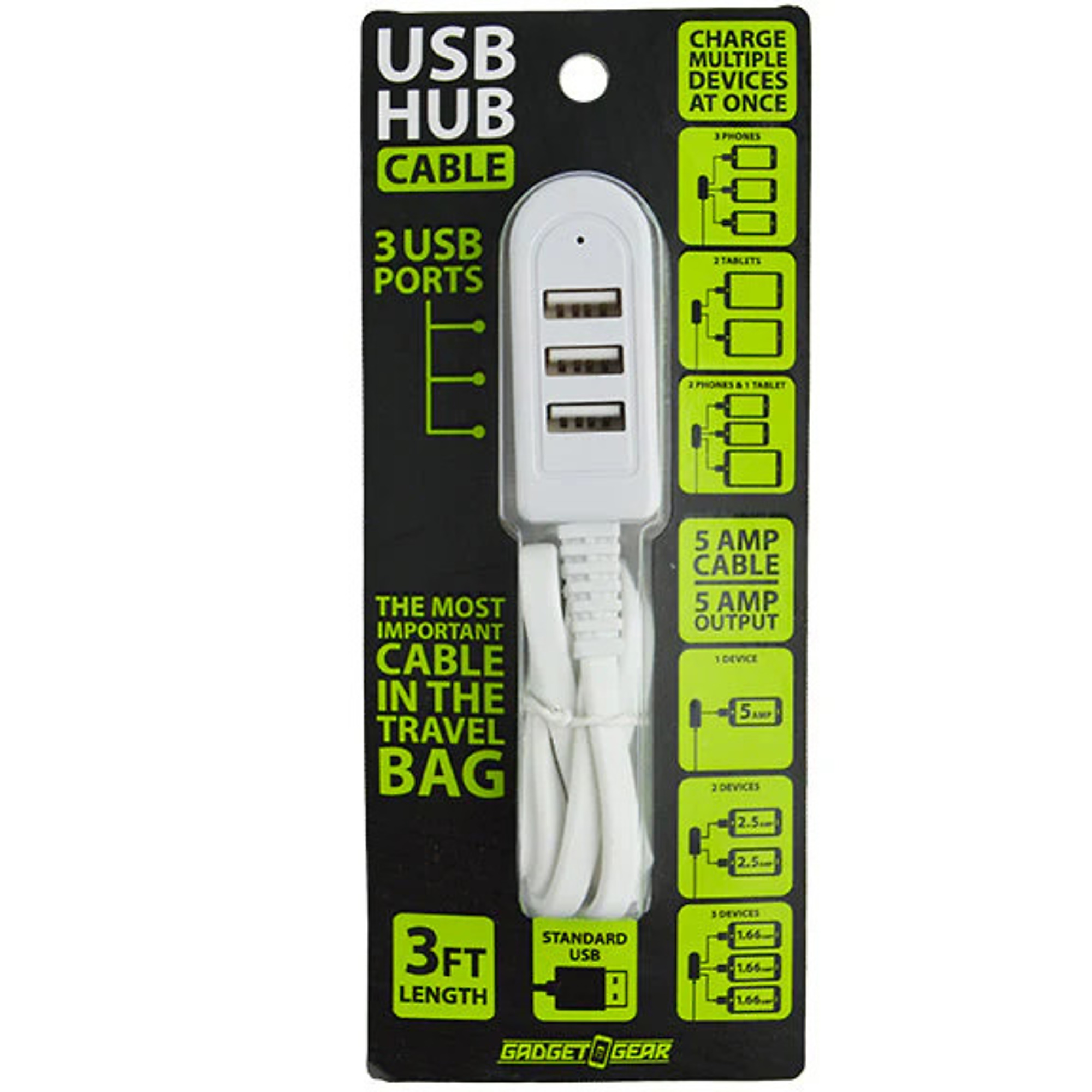 USB HUB Cable, 3 USB Ports, 3 Ft Length, Model #022084L
